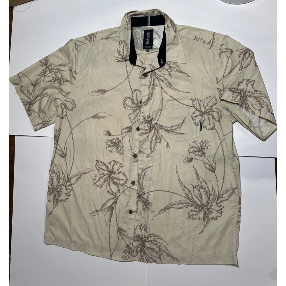 Vtg Billabong Shirt MensXl Button Up Hawaiian Beige Bamboo Floral Hibiscus Print